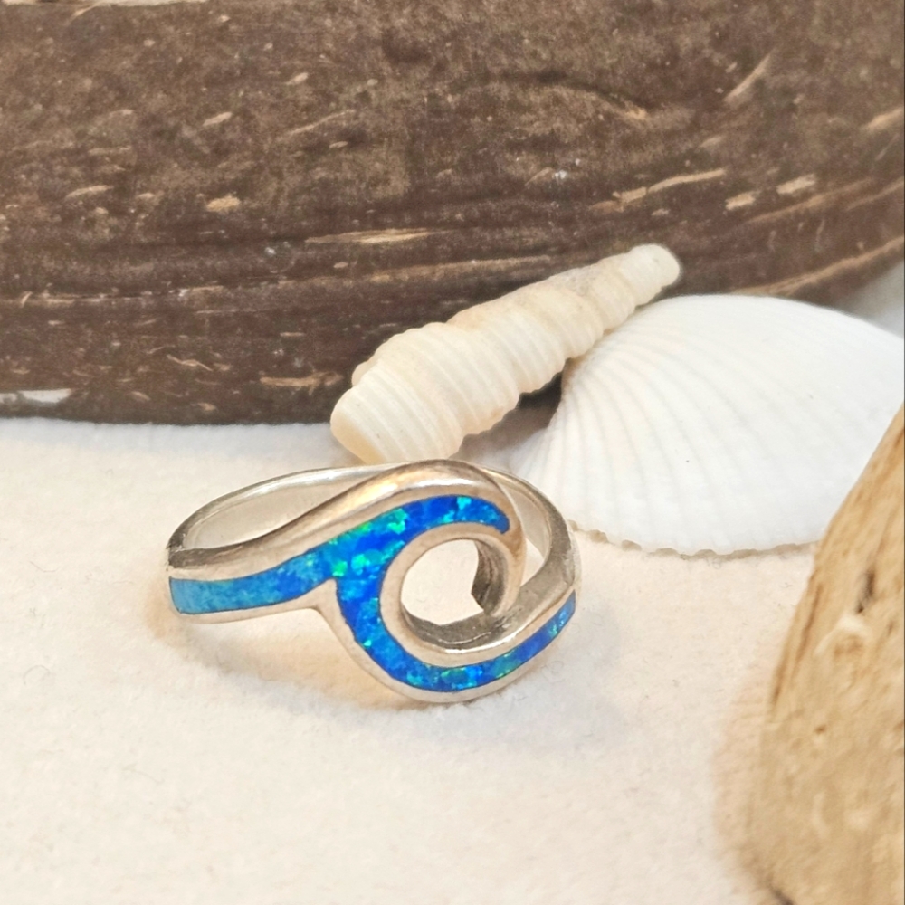 925 Simulated Opal Inlay Sterling Silver Wave Ring Size 6 US Stamped & Signed